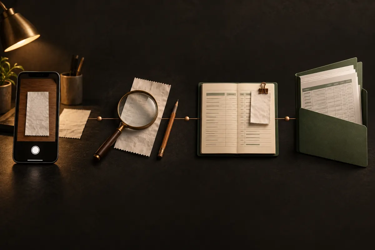 Illustrated workflow: a phone captures a receipt, a magnifying glass represents review, a ledger retains the record, and a folder represents export.